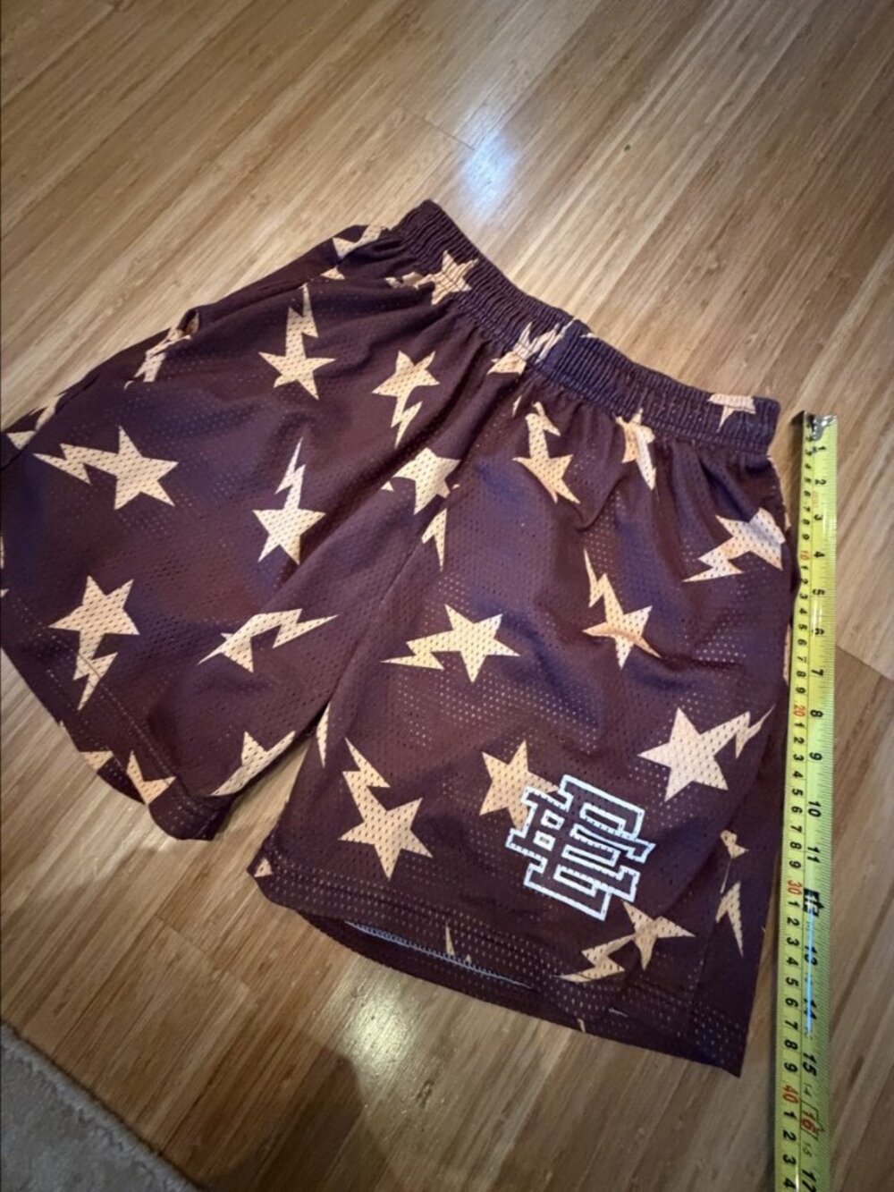 Item #685 Eric Emanuel Brown Mesh Shorts Star Lightning Print Mens L